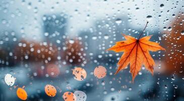 Raindrops on Window With Orange Maple Leaf in Urban Setting on a Rainy Autumn Day photo