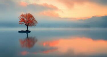Serene Autumn Landscape With Single Tree in Misty Lake at Dawn photo