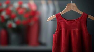 Elegant Red Dress Hanging in Boutique With Floral Background photo