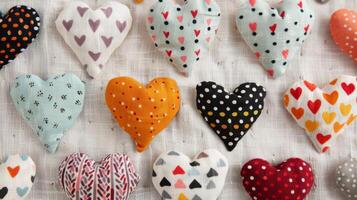 Colorful Knitted Hearts Arranged on a Cozy Textile Background photo
