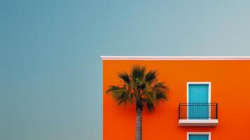 Vibrant Orange Building With Blue Windows and Palm Tree at Sunset photo