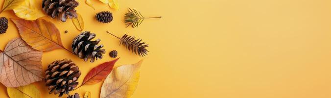 Autumn Leaves and Pine Cones Arranged on a Yellow Background photo