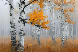 Autumn Misty Landscape With Birch Trees and Orange Leaves in Soft Light photo