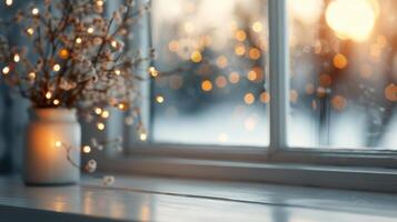 Warm Candles on a Windowsill During a Cozy Sunset With String Lights photo