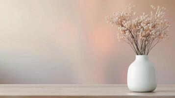 Elegant Dried Flowers in Minimalist White Vase on Wooden Table photo