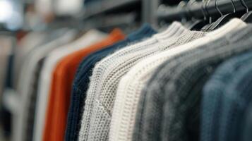 Colorful Sweaters on Display in a Retail Store photo