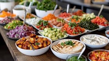Colorful Fresh Vegetables And Spices Arranged In Bowls On Dark Wooden Table photo