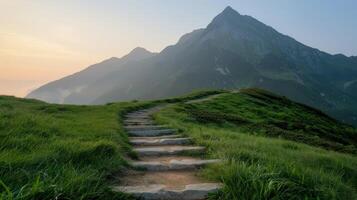 Sunrise Over Mountain Trail With Wooden Pathway in Autumn photo