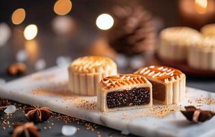 Mooncakes With Sweet Filling Displayed on a Plate With Festive Decor photo