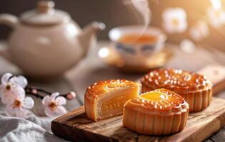 Steaming Mooncakes With Egg Yolk Freshly Made in Autumn Garden photo
