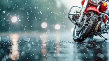 Vintage Motorcycle Parked on a Rainy Street in Urban Setting photo