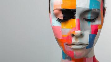 Colorful Abstract Face Art Displayed on a Mannequin in a Modern Studio photo
