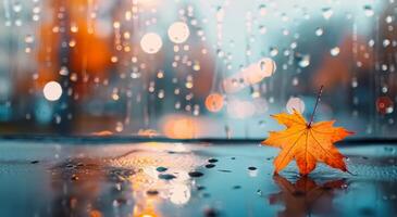 Autumn Leaf Clinging to Rainy Window in Urban Setting on a Gloomy Day photo