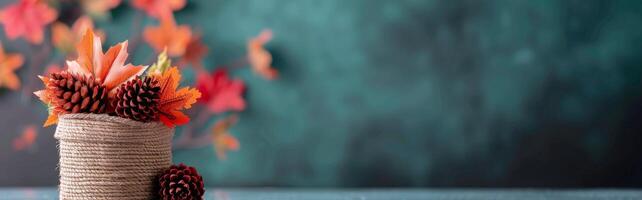 Autumn Decor Featuring Pinecones and Colorful Leaves in Rustic Container photo