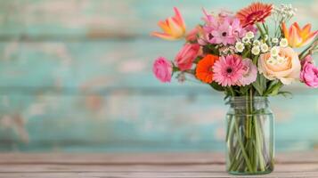Colorful Fresh Flowers in Mason Jar on Wooden Table With Blue Backdrop photo