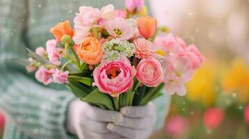 Delicate Hands Holding Vibrant Gerbera Flowers in a Softly Lit Setting photo