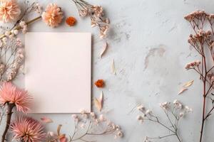 Floral Arrangement With Blank Paper Surrounded By Colorful Petals photo