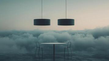 Hanging Modern Lights Illuminating Dusk Sky Over Calm Horizon photo