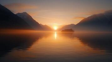 Sunset Over Serene Lake Surrounded by Mountains in Tranquil Landscape photo