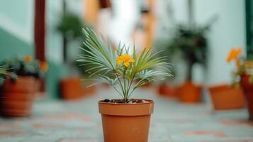 Charming Cobblestone Alleyway Lined With Flower Pots in a Quaint Village During Spring photo