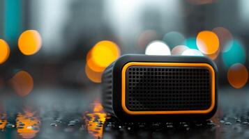 Compact Portable Bluetooth Speaker in a Cozy Indoor Setting During Evening photo
