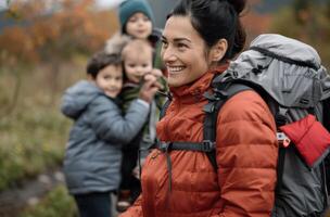 Family Enjoys Autumn Hike in Colorful Forest With Children Smiling and Laughing photo