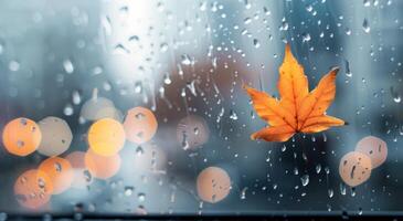 Autumn Leaf Clinging to Rainy Window in Urban Setting on a Gloomy Day photo