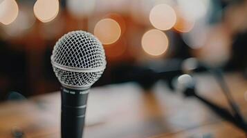 Close-Up Of A Silver Microphone On A Wooden Table With Blurred Background Lights photo