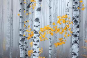 Autumn Leaves on Birch Trees in a Misty Forest photo