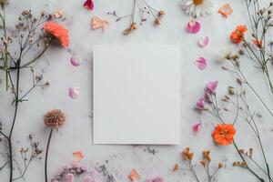 Floral Arrangement With Blank Paper Surrounded By Colorful Petals photo