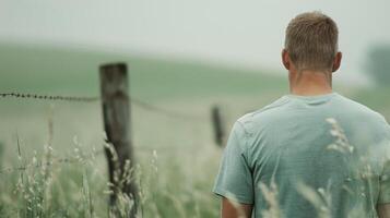 Man Walking Along a Fenced Field in a Misty Landscape photo