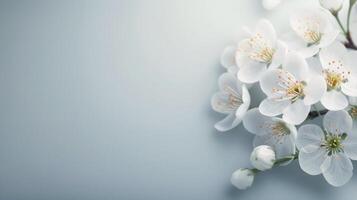 Delicate White Cherry Blossoms on Soft Background in Spring photo