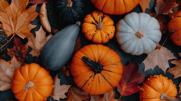 Colorful Variety of Pumpkins and Leaves on Ground in Autumn photo