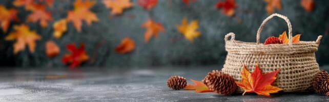 Autumn Decor Featuring Pinecones and Colorful Leaves in Rustic Container photo