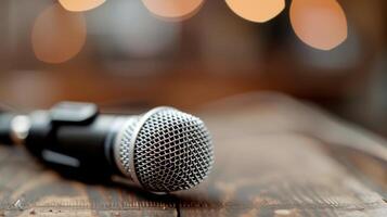 Close-Up Of A Silver Microphone On A Wooden Table With Blurred Background Lights photo