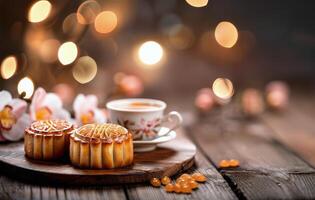Mooncakes on a Wooden Board With Tea and Soft Lights in a Cozy Setting photo