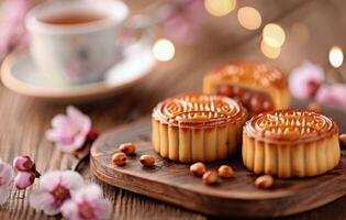 Mooncakes on a Wooden Board With Tea and Soft Lights in a Cozy Setting photo
