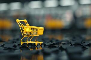 Small Yellow Shopping Cart on Black Surface in a Retail Environment photo