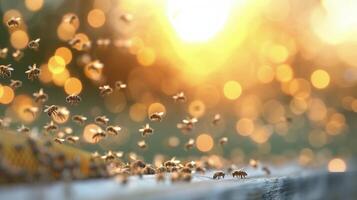 Honeybee Collecting Nectar at Sunset in a Flowering Field photo