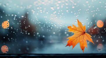 Raindrops on Window With Orange Maple Leaf in Urban Setting on a Rainy Autumn Day photo