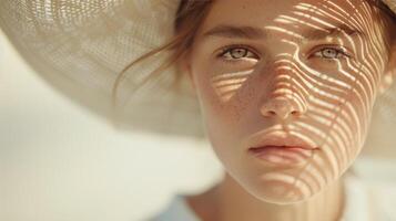 Young Woman With Straw Hat and Sunshine Shadows on Face at Beach photo