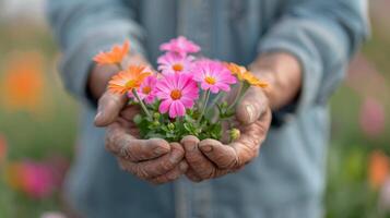 Delicate Hands Holding Vibrant Gerbera Flowers in a Softly Lit Setting photo