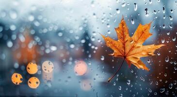 Raindrops on Window With Orange Maple Leaf in Urban Setting on a Rainy Autumn Day photo