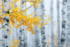 Autumn Leaves on Birch Trees in a Misty Forest photo