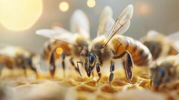 Honeybee Collecting Nectar at Sunset in a Flowering Field photo