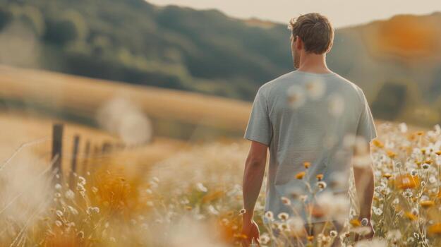 Man Walking Along a Fenced Field in a Misty Landscape photo