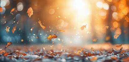 Colorful Butterflies Among Falling Leaves in Autumn Forest photo