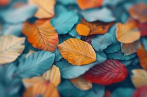 Colorful Autumn Leaves Lying on the Ground in a Forest photo