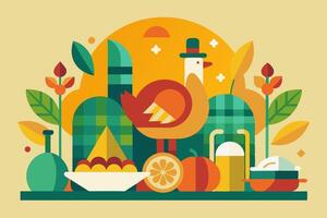 A turkey is enjoying a meal on a table with various food and drinks around it vector