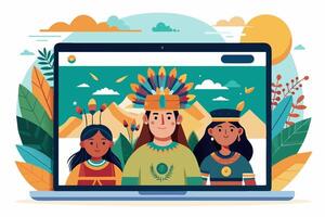 A laptop computer displaying three Native Americans on the screen vector